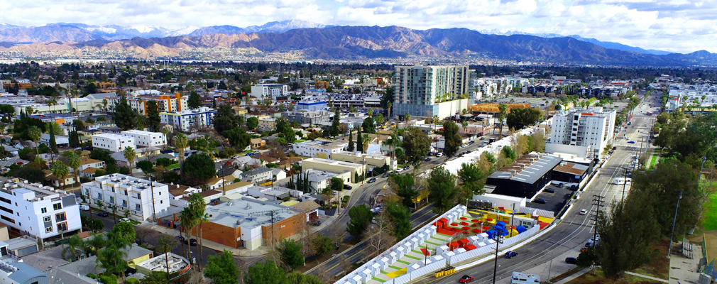 Aerial photograph of the Chandler Boulevard Tiny Home Village against the backdrop of the North Hollywood neighborhood. 