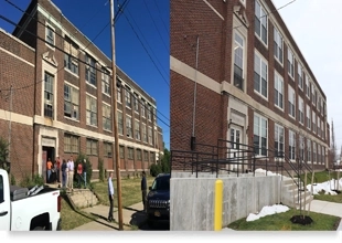 Before and after images. The image on the left shows a damaged three-story brick building with broken windows and discolored architectural details. The image on the right shows the same building restored, with new windows in a similar style.