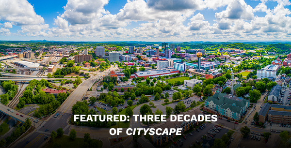 Aerial skyline of a town.