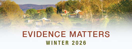 Rural countryside with a winding road passing green fields and wooden fences, leading to scattered farmhouses and barns among trees with spring foliage, with low mountains in the background under warm sunlight.