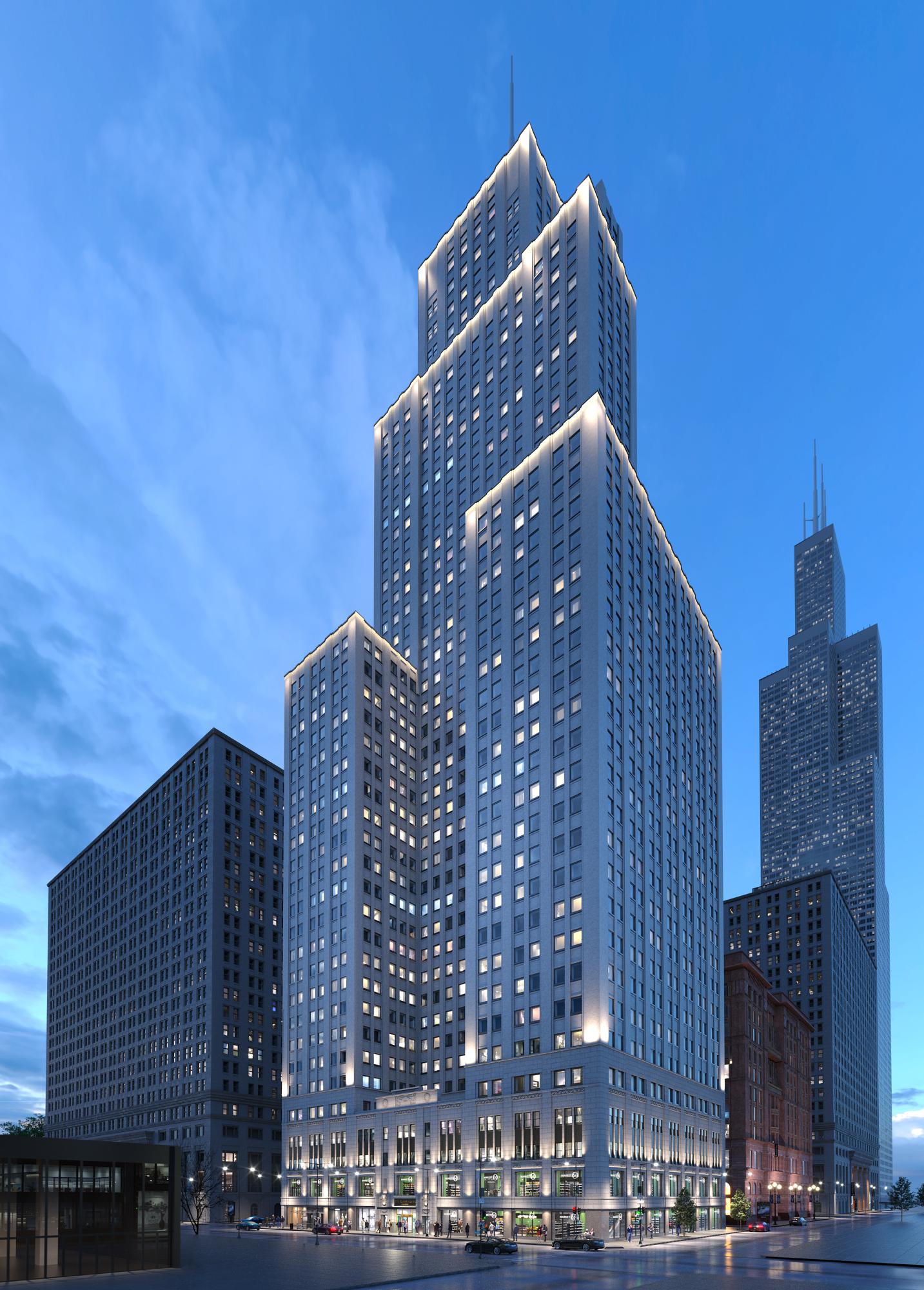Rendering of a tall multistory building lit up in the evening.