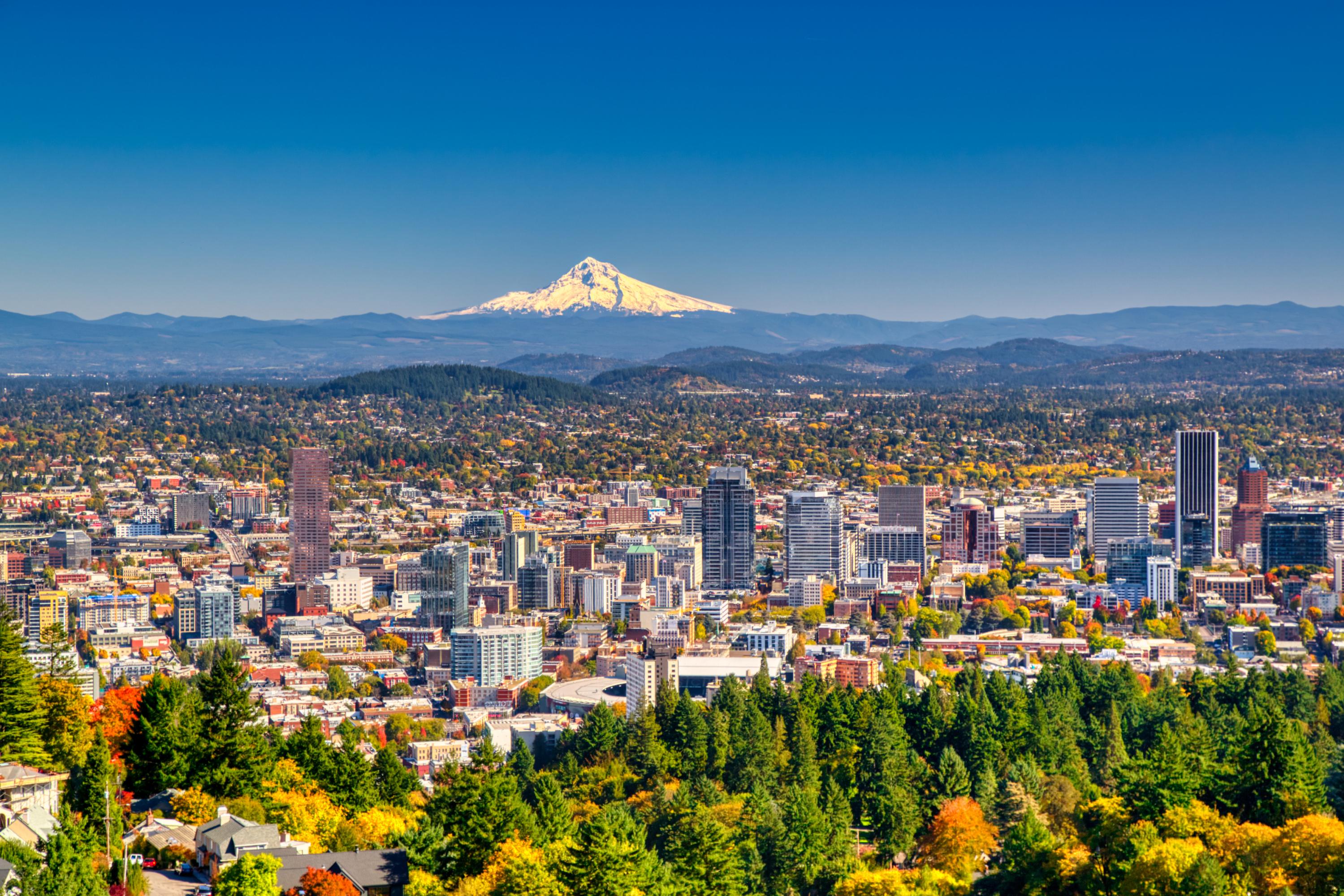 Low-angle aerial view of city of Portland with Mount Hood in the far background.