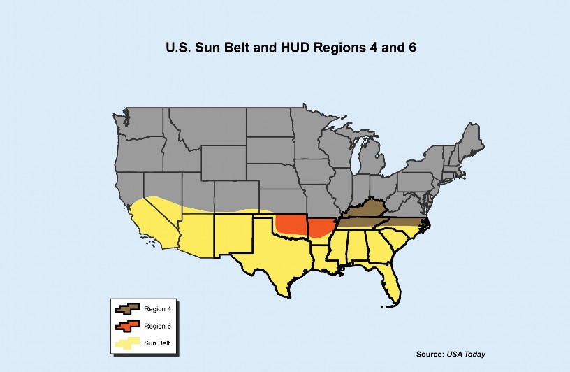 A map of the United States showing the Sun Belt and HUD regions 4 and 6.