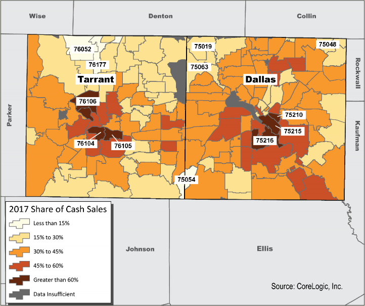 A map of Dallas and Tarrant counties showing home sales in 2017.