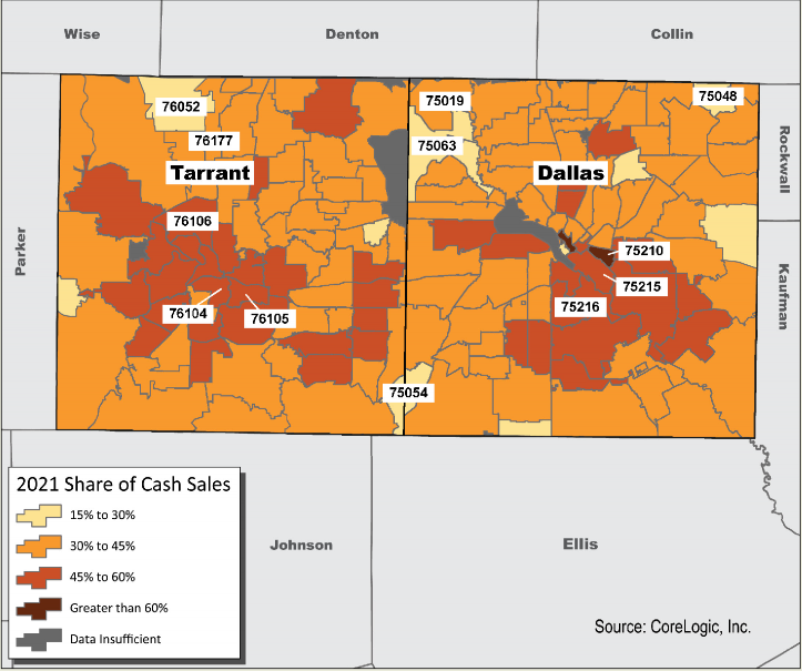 A map of Dallas and Tarrant counties showing home sales in 2021.