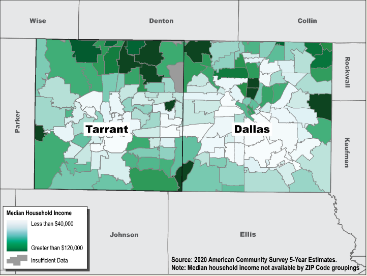 A map showing median household income in Tarrant and Dallas Counties from 2016-2020.