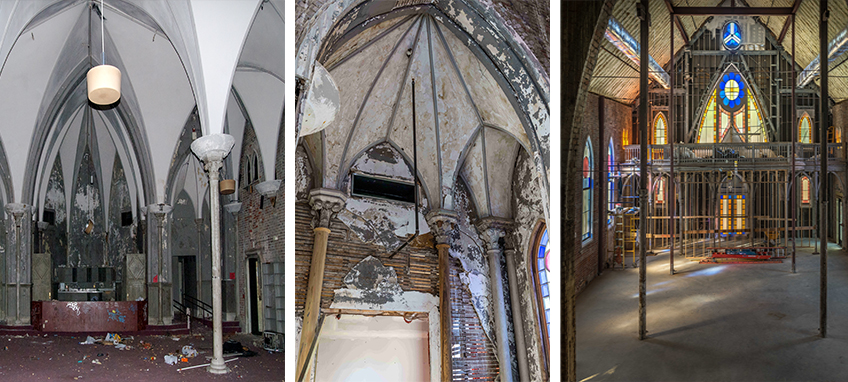 Composite image showing St. Joseph’s Chapel on the Bell Artspace Campus before (left), during (center), and after (right) renovation.