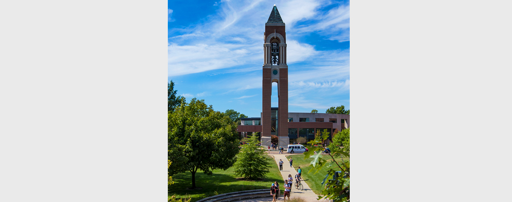 Photograph of Shafer Tower, a 150-foot-tall brick tower holding 48 bells, built in 2001.