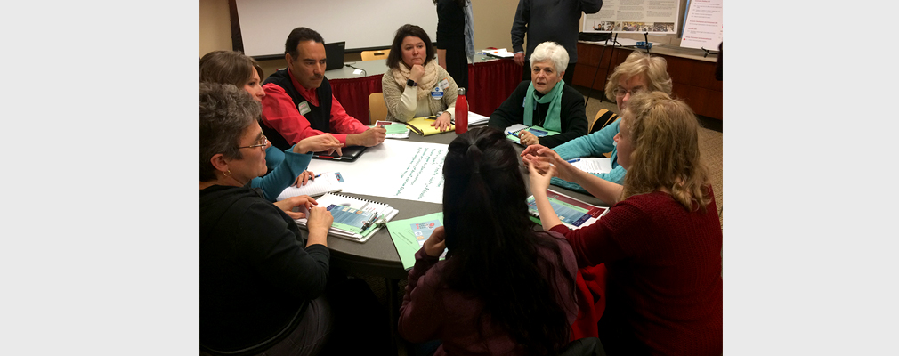 Photograph of eight people sitting at a round table in a large meeting room discussing ideas about health education.