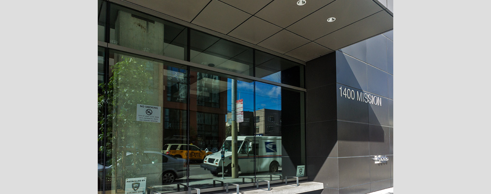 Photograph of the main door to the residential portion of the building.