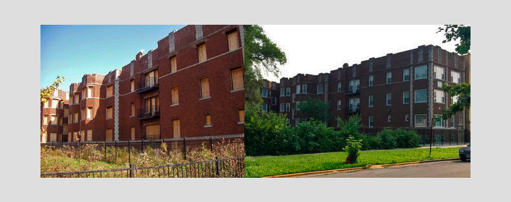 Two photographs, before and after renovation, of the side façade of a four-story multifamily building. 