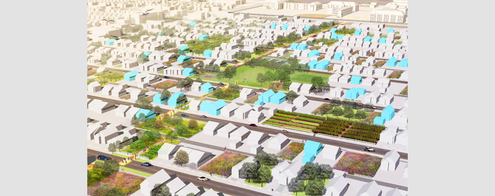 Low-angle aerial photograph of several residential blocks overlain with rendered houses and landscaped parcels. 