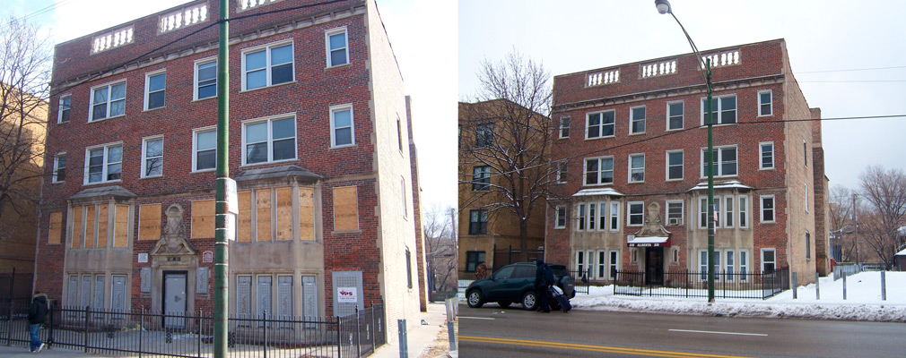 Two photographs, before and after renovation, of the front façade of a four-story multifamily building.