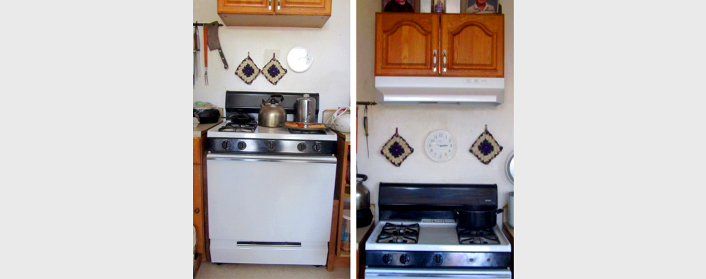 Two photographs of a kitchen, one with an unvented cooking stove (left) and the other with a newly installed exhaust hood above the stove (right).
