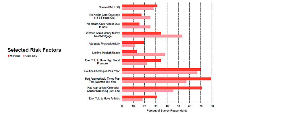 Bar graph illustrating the incidence of 11 health risk factors as percentages of Arab and other Michigan adults who participated in the survey.