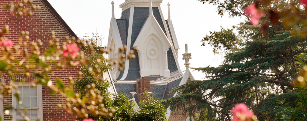 Photograph of the gothic tower of the 1871 Godsey Administration Building.