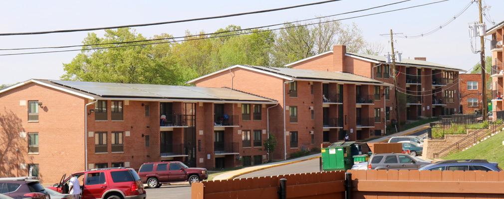 Photograph of several three-story brick apartment buildings.