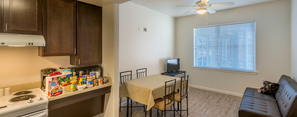 Photograph of a kitchen with food and home goods on the counter and a dining/living area furnished with a sofa, television, and dining table with four chairs.