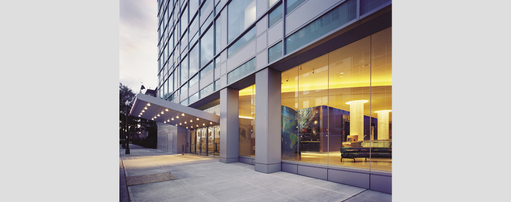 Photograph of the entrance to a multistory medical building, the Children’s Hospital at Montefiore.