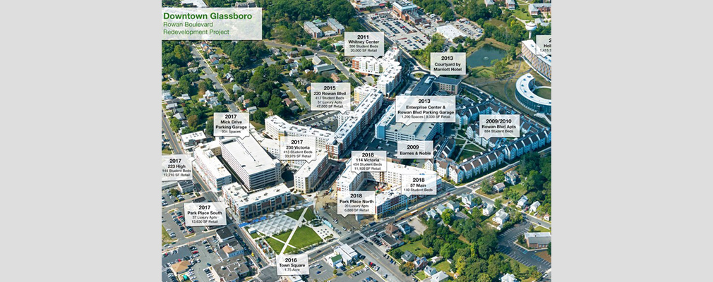 Low-angle aerial photograph of the Rowan Boulevard redevelopment taken before construction of A4 was completed, with labels describing the project’s different buildings.