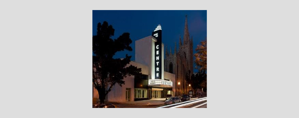 Photograph of the front façade and marquee of the Centre Theatre. 