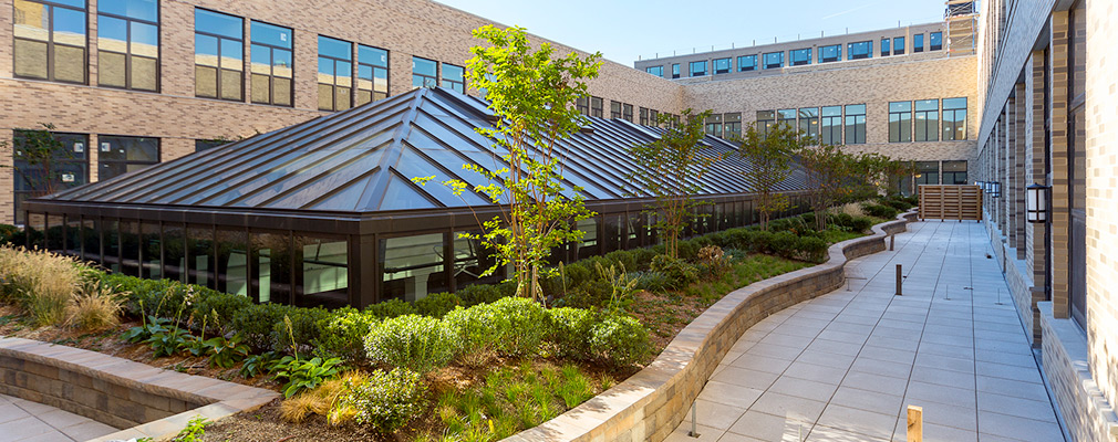 Photograph of a courtyard around a skylight and enclosed by the upper two-stories of a brick building.