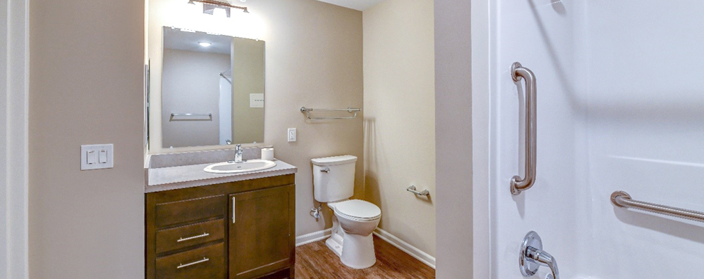 Photograph of an accessible bathroom, with grab-bars in the shower, lever-handled fixtures, and rocker-style light switches.