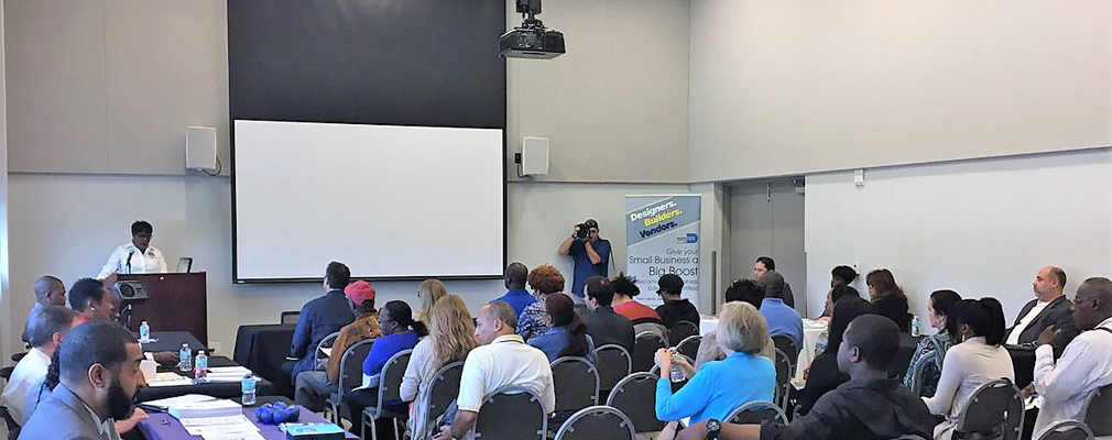 Photograph of a meeting in the multipurpose room at the Sandrell Rivers Theater.