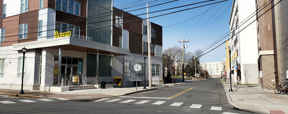 Photograph of a three-story building housing the Rowan University Art Gallery and the Center for Art and Social Engagement.