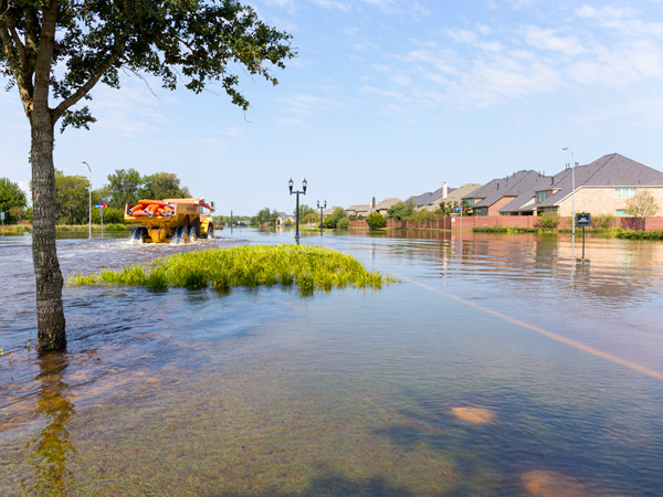 Image of a flooded street in a residential area. A truck is visible in the water. 