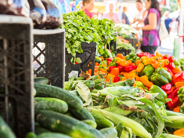 Photograph of vegetables in bins at a farmers market. People looking at the produce are visible in the background.