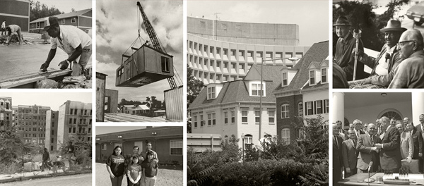 A collage of black and white photos showing various historical HUD projects and events.