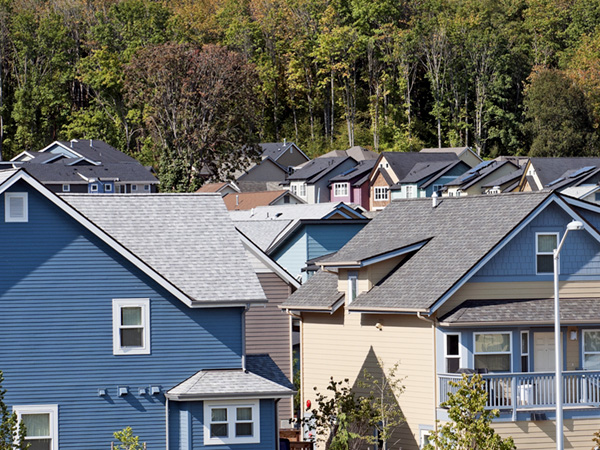 Photo of multiple houses with trees in the background.