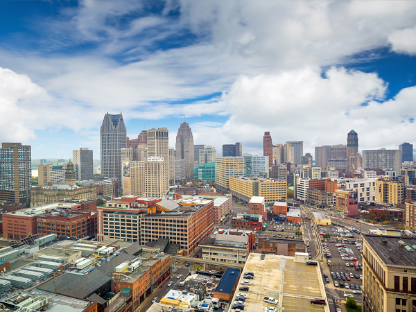 An aerial view of Detroit, Michigan.