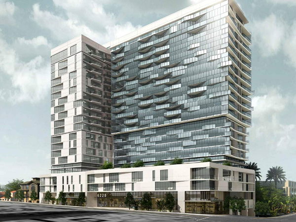 Rendering of a modern apartment tower in Los Angeles.
