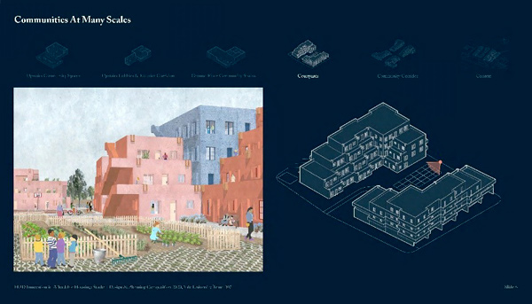 Presentation slide showing a rending and 3D building plans of 2 buildings.