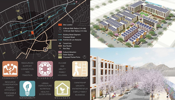 Presentation slide showing a map, a 3D rendering of buildings, and a rendering of a building exterior.