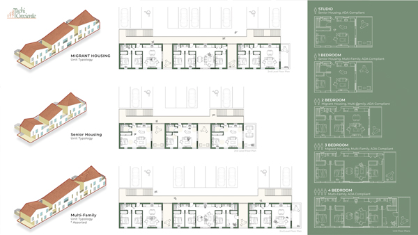 A graphic image detailing different housing units and their floor plan designs.