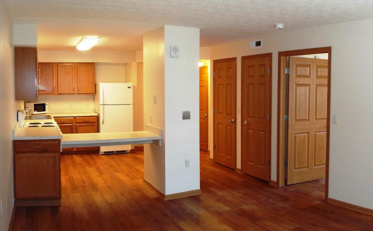 Photograph of an open-plan kitchen and dining area in an unfurnished apartment.