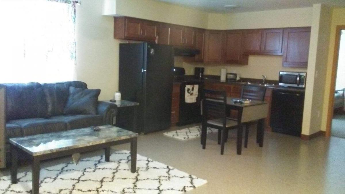 Photograph of the living and kitchen space in one of the residential units.