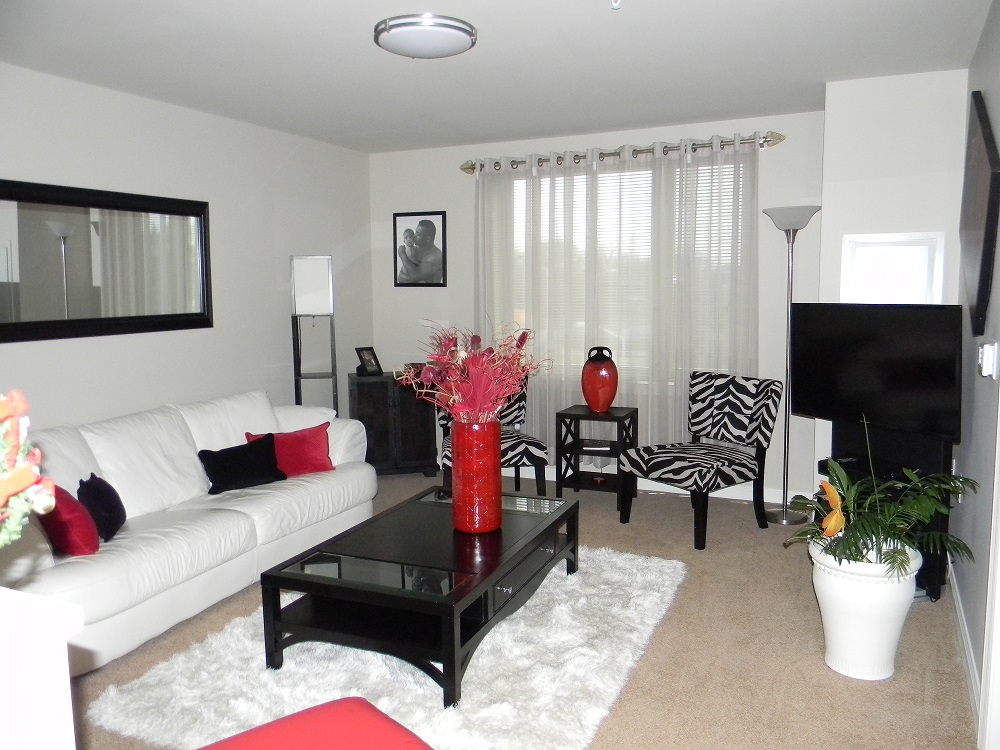 A living room furnished with a sofa, chairs, coffee table, TV stand, TV, mirror and plant.