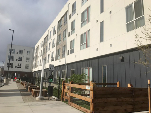 Photograph of an outdoor common space at The Atlantis Apartments, with benches in the background and an area for dogs in the foreground.