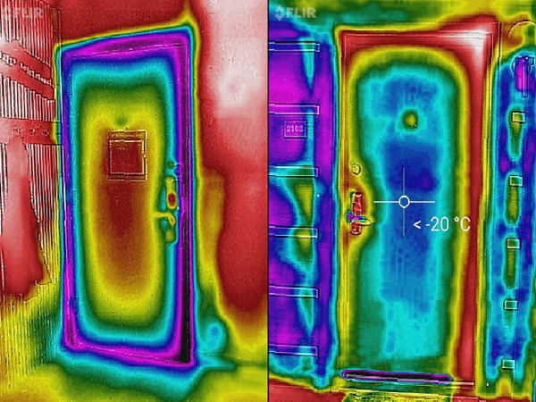 Left: Thermal image of the inside of a door, where the cool areas around the edges of the door are visible. Right: Thermal image of the outside of a door, where the warm areas around the edges of the door are visible.