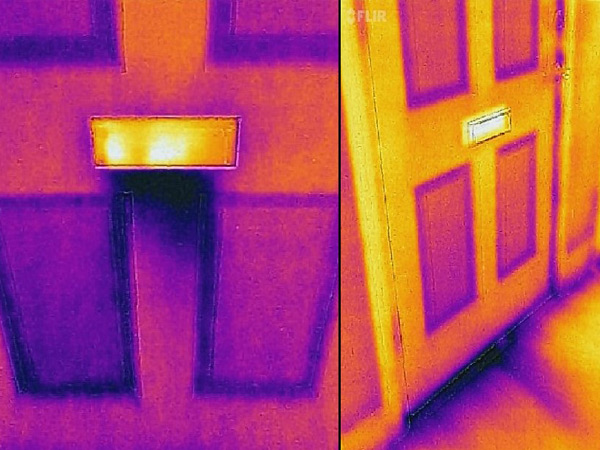 Left: Thermal image of a door in which the uninsulated mail slot is visible. Right: Thermal image of a door in which the insulated mail slot is visible, as is air leakage under the door.