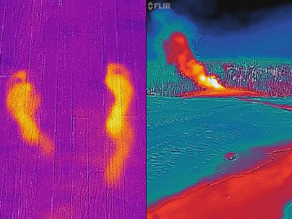 Left: Thermal image of a floor on which two footprints are visible. Right: Thermal image of the Old Faithful geyser in Yellowstone National Park, in which the hot water coming from the geyser is visible. 