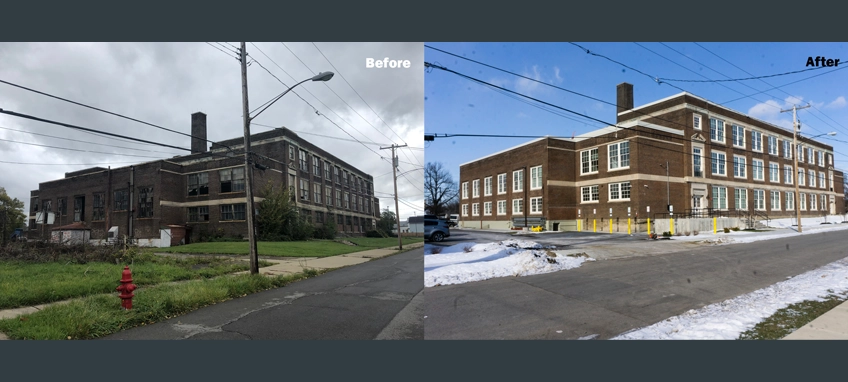Before and after photos of the exterior of School 75. Photo Credit: Western New York Veterans Housing Coalition, Inc.