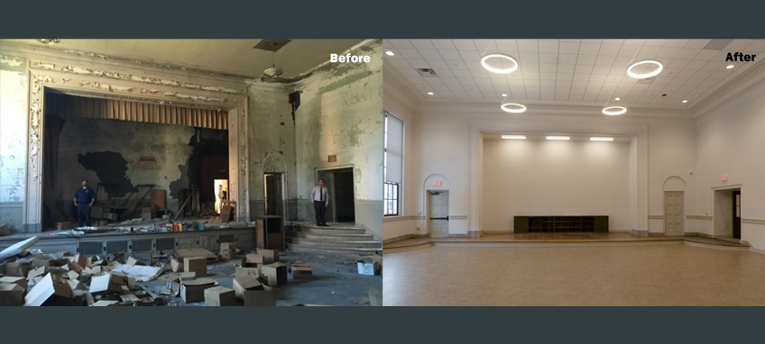 Before and after photos of the auditorium at School 75. Photo Credit: Western New York Veterans Housing Coalition, Inc.