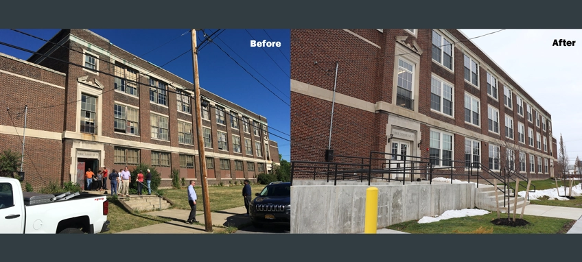 Before and after photos of the exterior of School 75. Photo Credit: Western New York Veterans Housing Coalition, Inc.