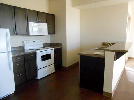 Photograph of a kitchenette, featuring a refrigerator, microwave, and stove, as well as a double sink and dishwasher in the peninsula.