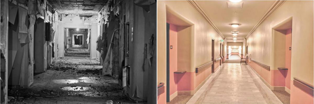 Original corridors were left in place and restored after years of deterioration (Courtesy of Artography Studios, Lauren R. Pacini, Photographer).